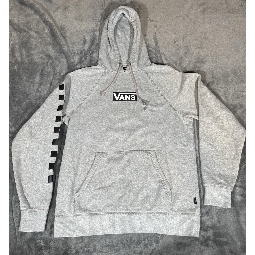 Vans Hoodie Mens Small Gray Versa Logo Checkerboard Sleeve Pullover Fleece